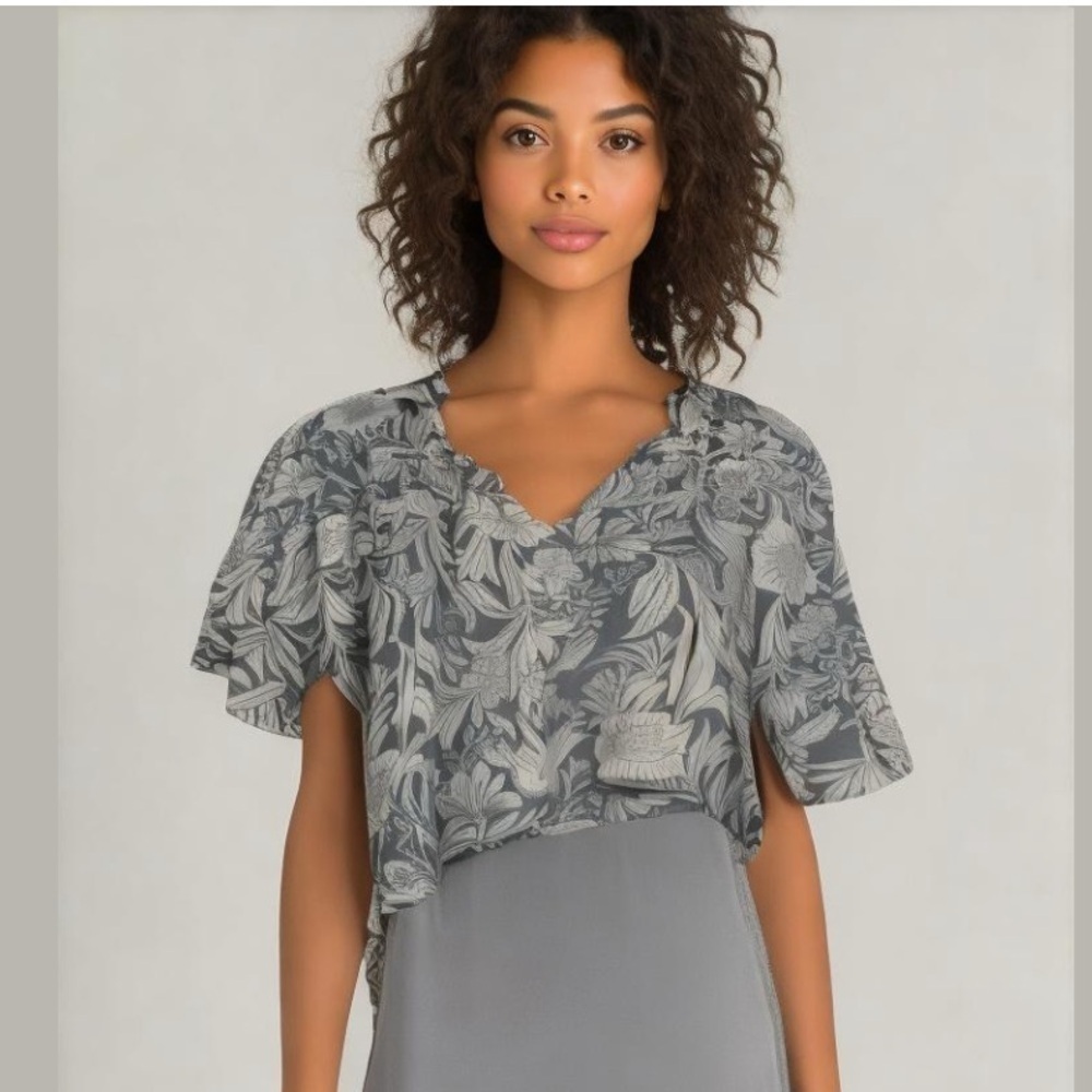 NWT Patrons of Peace Flutter Sleeve V-Neck Blue Floral Top
